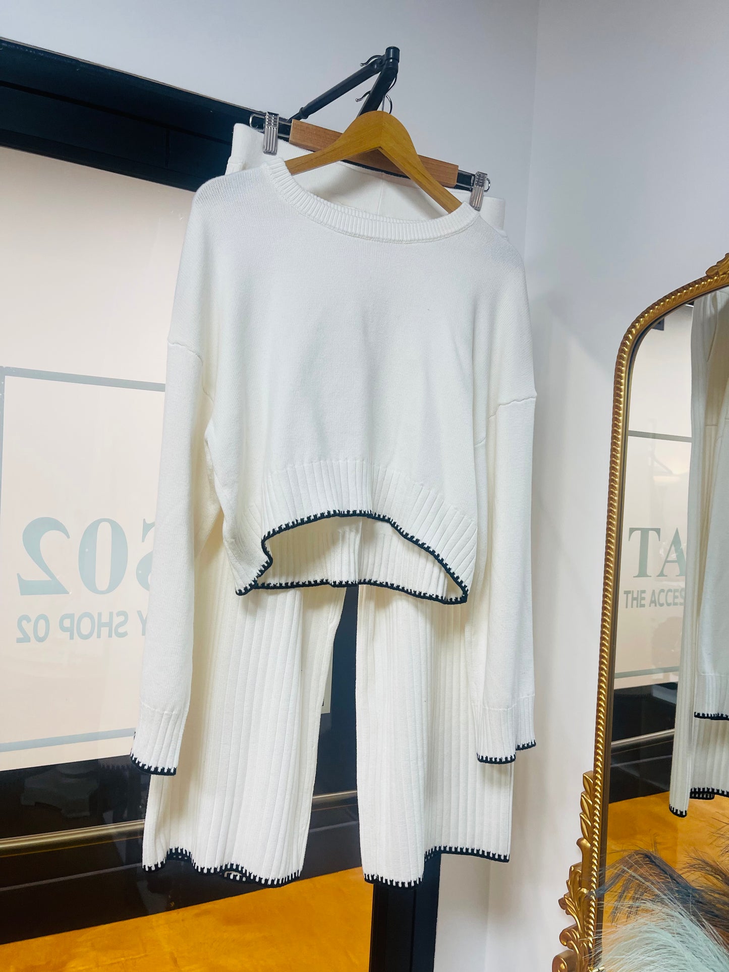 White and black knit pant set