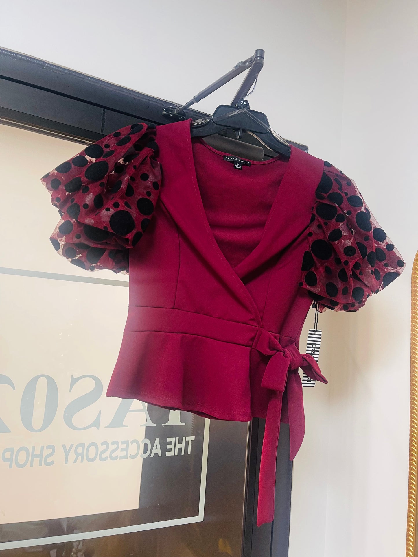 Burgundy Puff Sleeve Peplum Blouse