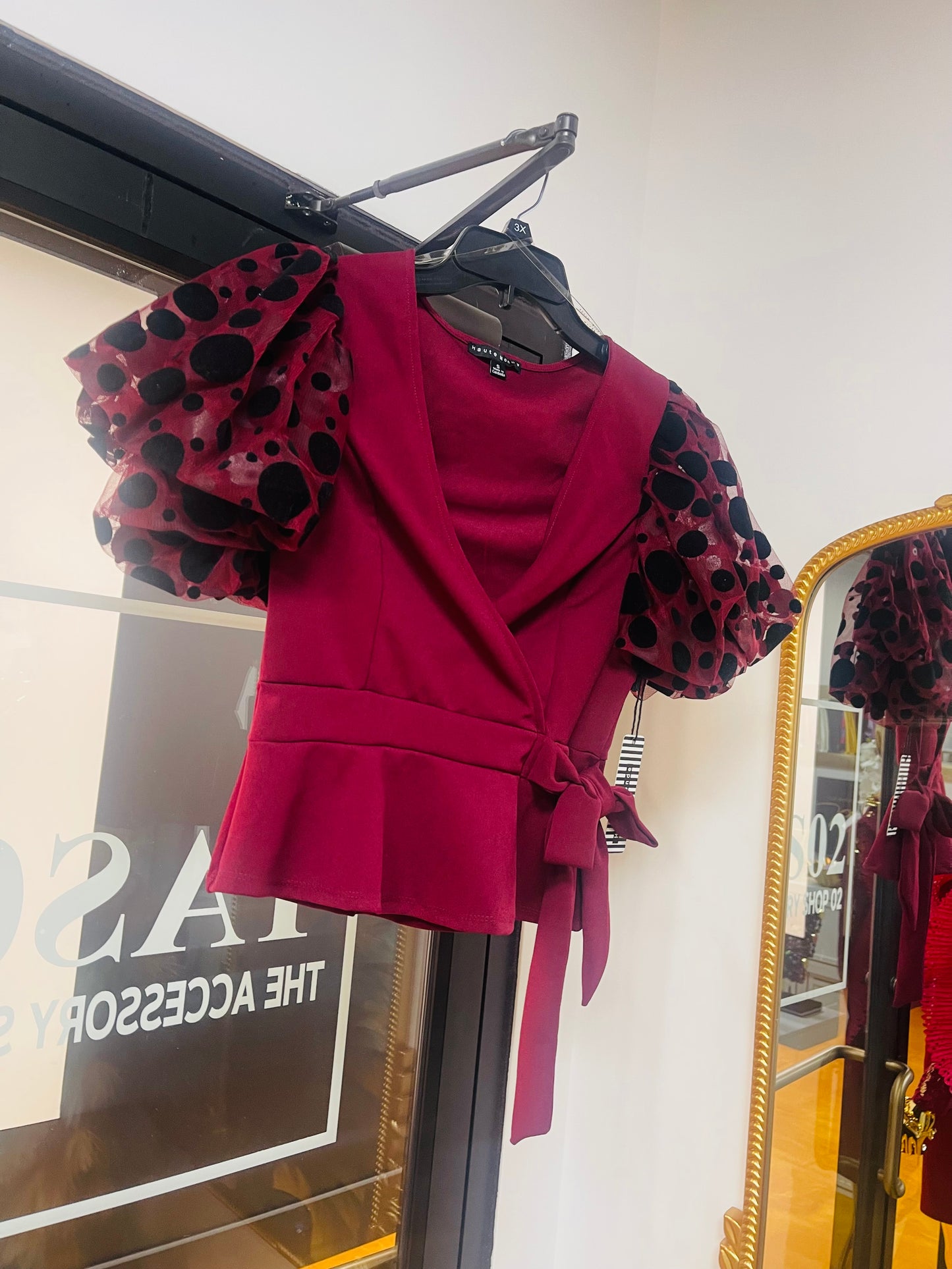 Burgundy Puff Sleeve Peplum Blouse